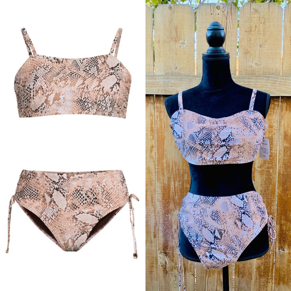 Time and Tru Pink Snake Print High-Waist Bikini Set